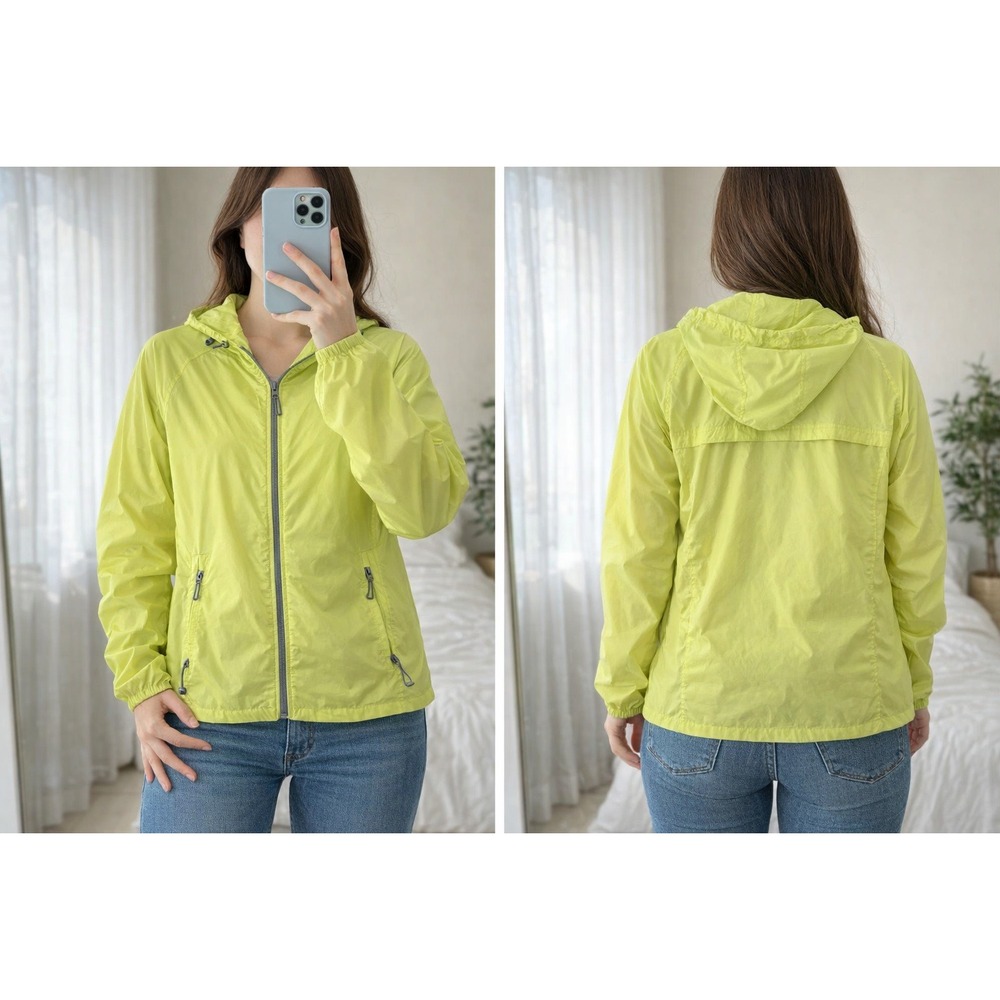 Eddie Bauer Women's Large Windbreaker Lime Green‎ Hooded Ripstop Jacket